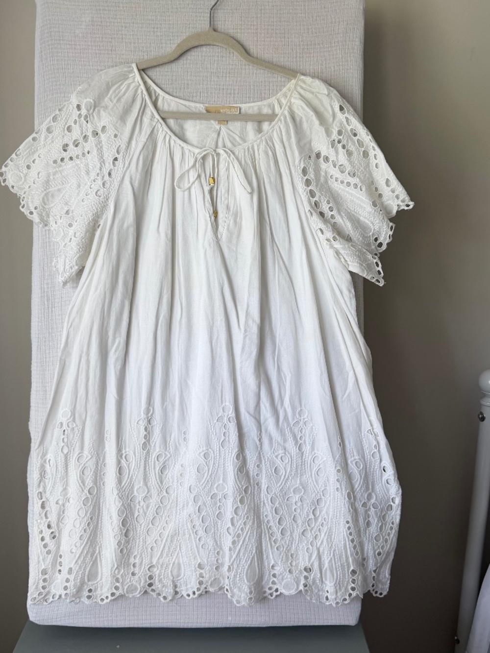 Michael Kors Size XL White Sheath Dress W/ Gold Hardware Eyelet Sleeves & Hem